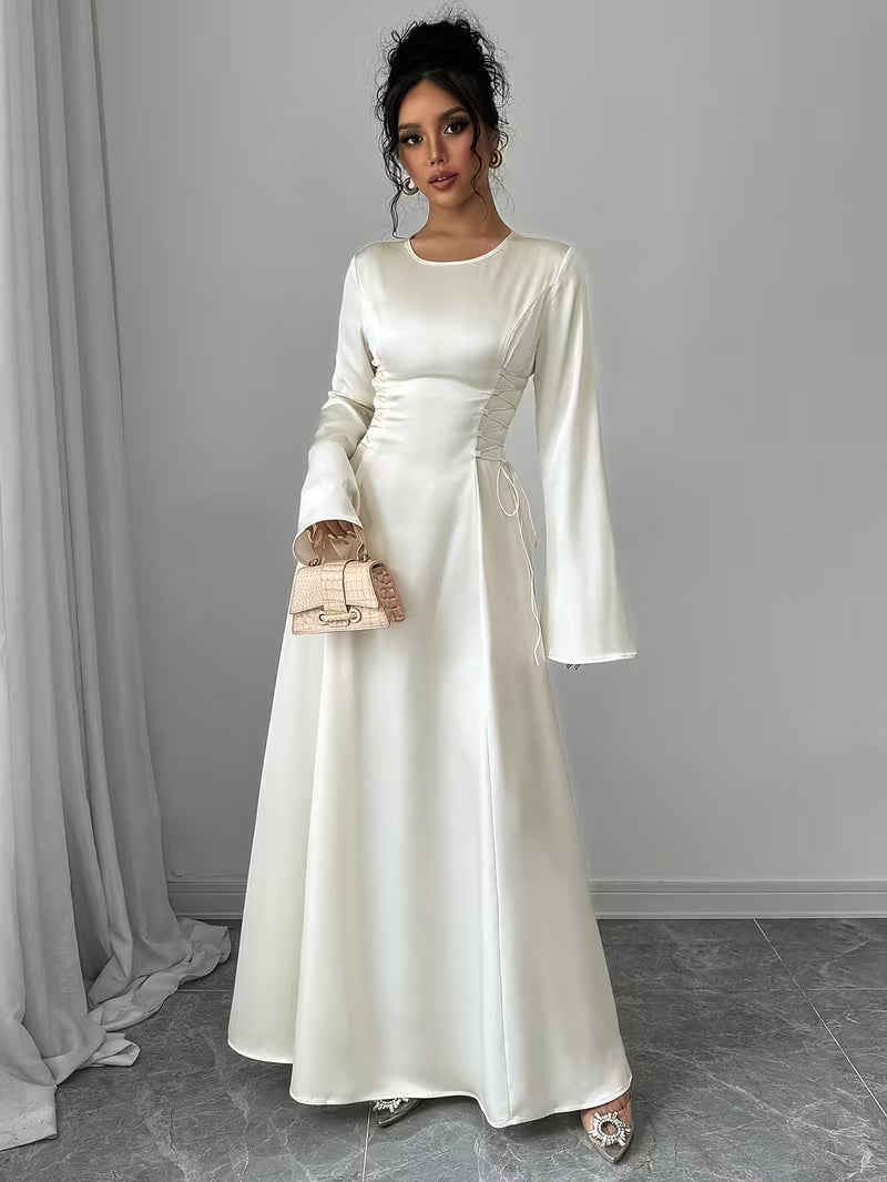 Elegant white bell sleeve maxi dress for women, perfect for formal events, weddings, or evening wear.
