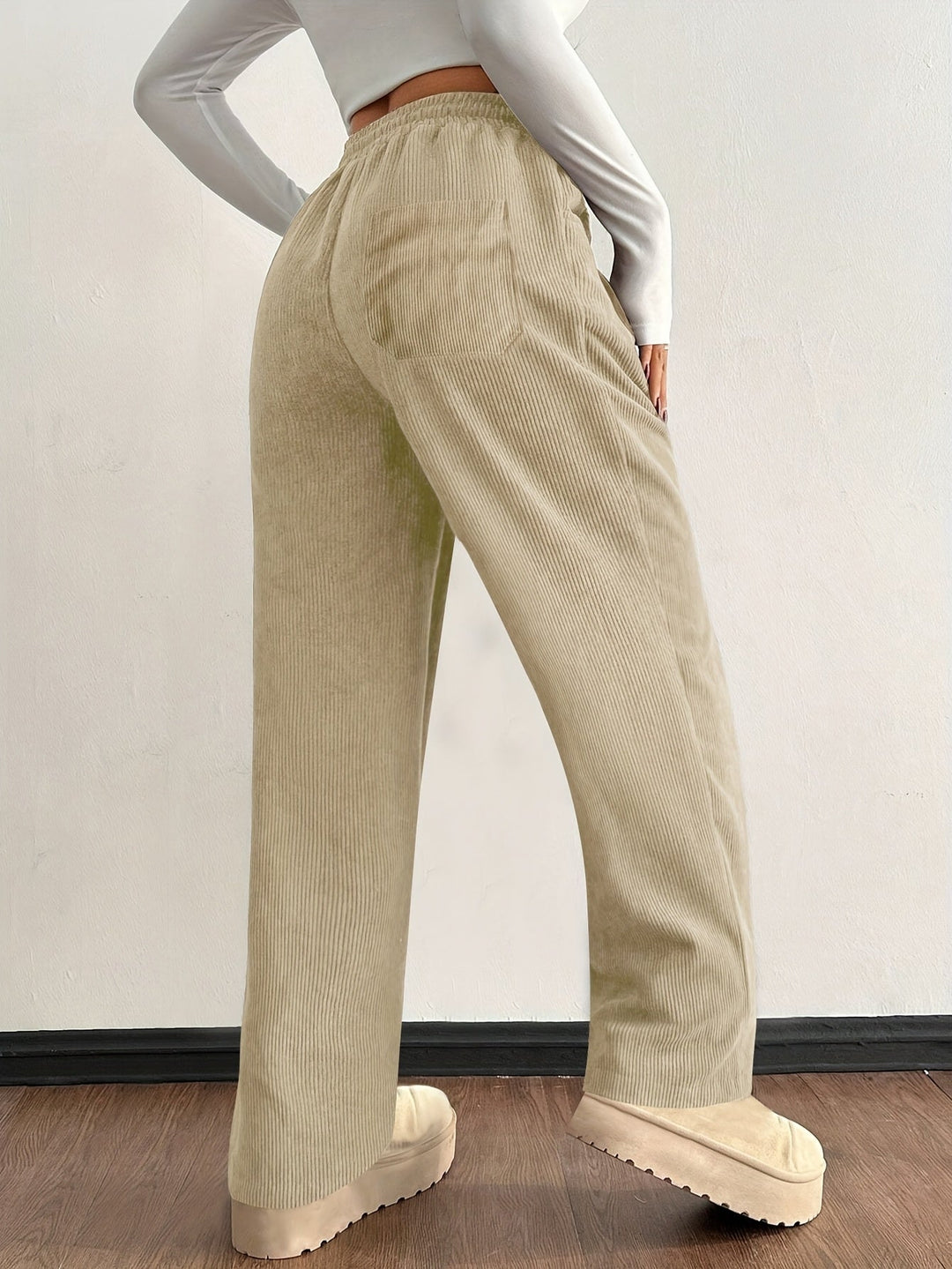 Stylish women's wide leg corduroy pants. Baggy, loose fit with practical pockets & comfy drawstring waist.