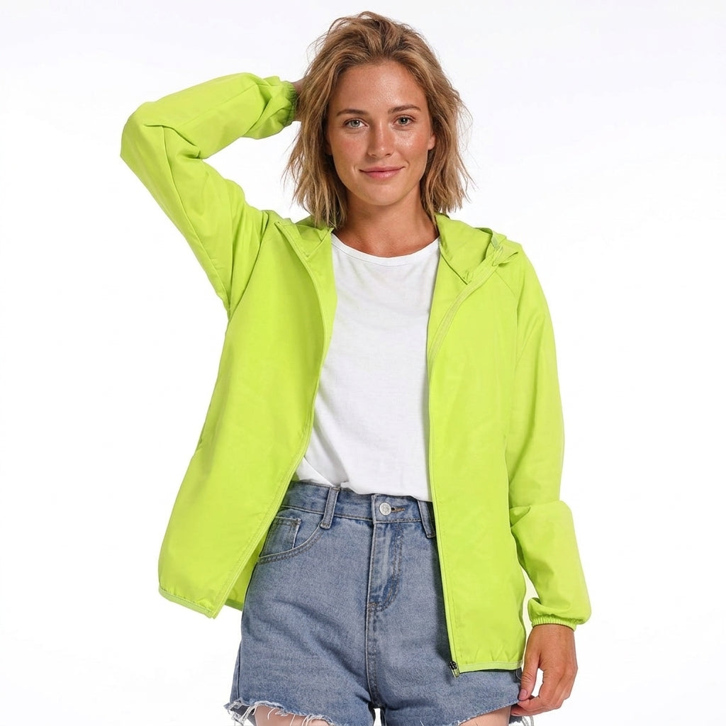 Durable women's lightweight windbreaker jacket with hood, offering protection for athletic & outdoor activities.
