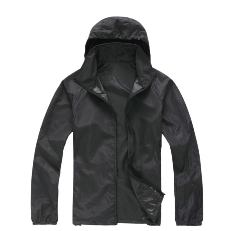 Women's lightweight packable windbreaker jacket with hood & pockets, great for active and casual wear.