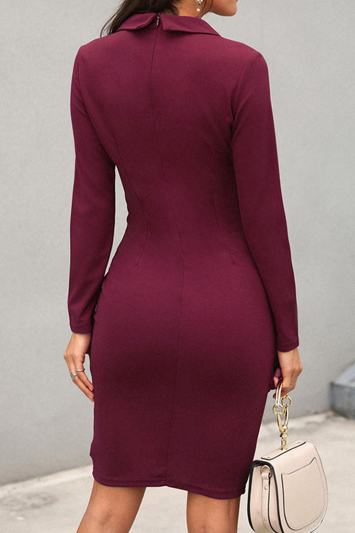 Lapel V-neck bodycon midi dress, long sleeve. Professional and sophisticated women's office fashion wear.