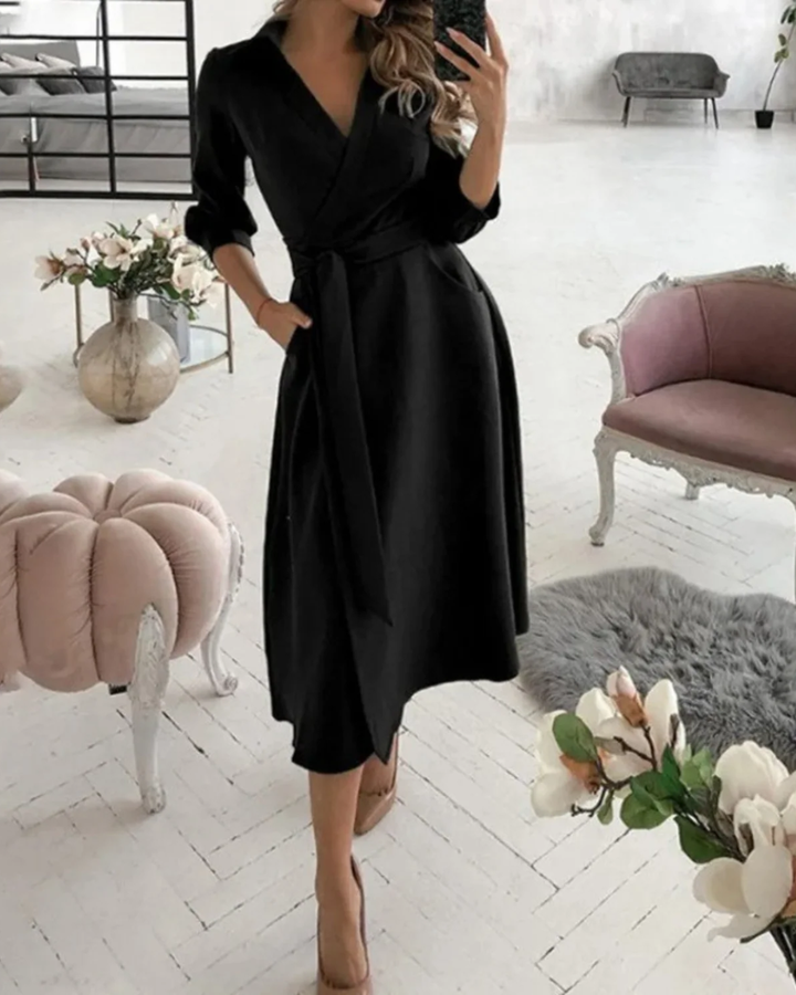 Elegant women's wrap collar work dress with adjustable tie waist, perfect midi length for professional office attire.