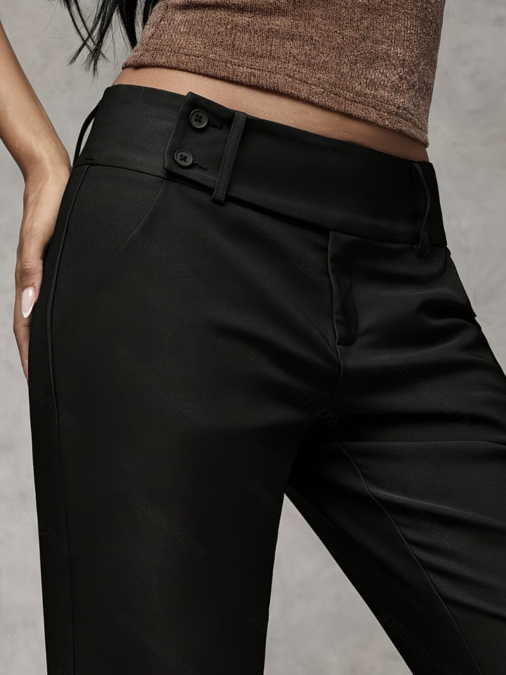 Comfortable women's loose fit work pants, button waist, flared leg. Ideal for office, business casual, all-season wear.