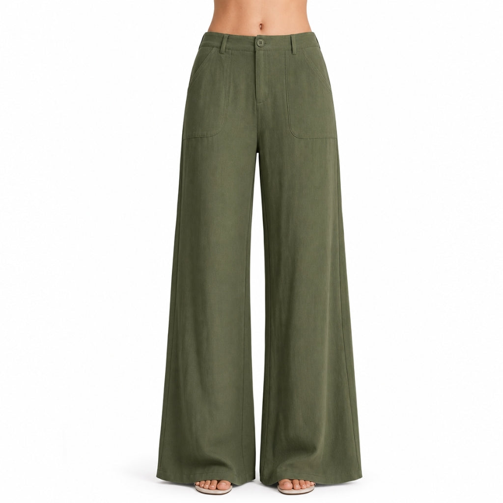 Grey women's wide leg work pants with deep pockets, versatile for office, casual, or all-season wear.