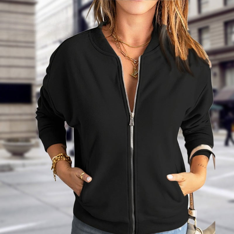 Effortless women's casual bomber jacket, a comfortable zip-up outerwear piece for versatile everyday style.