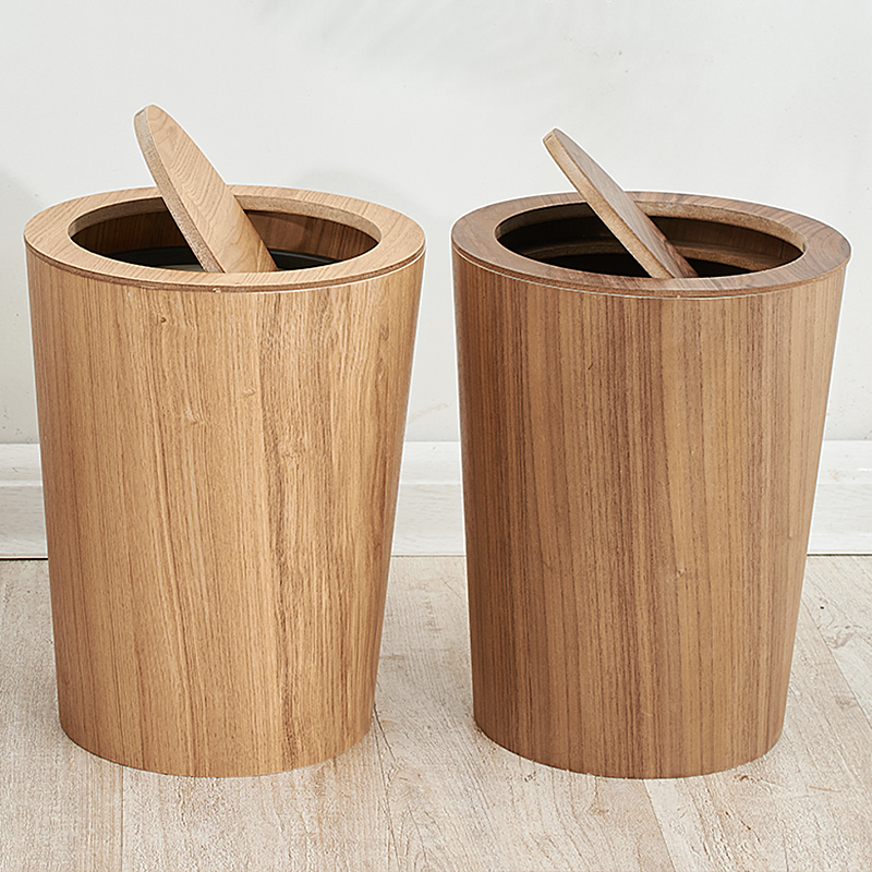 Designer wood trash can with lid, a minimalist and elegant waste bin for stylish homes.
