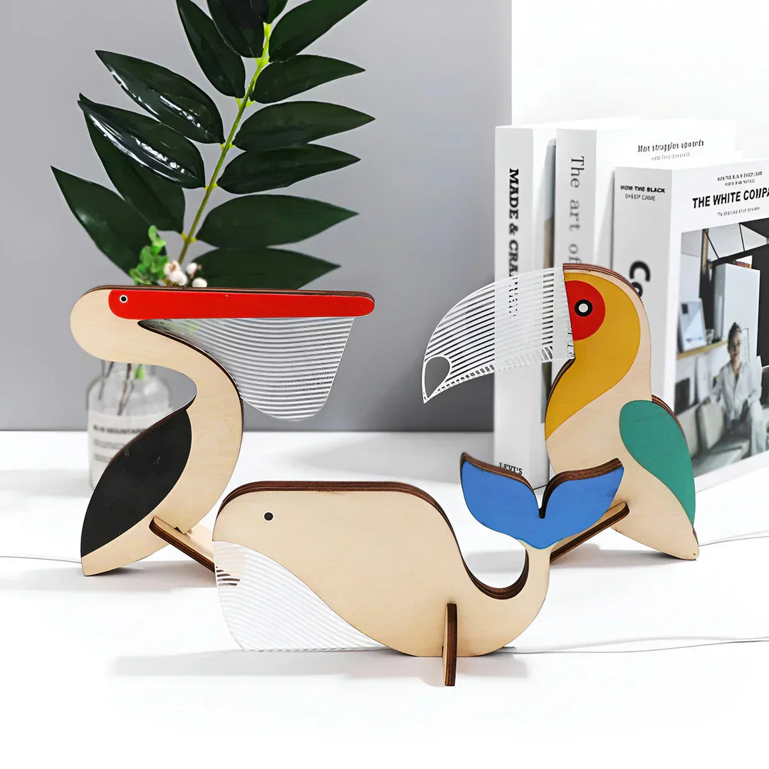 Wooden animal table lamp for kids, whimsical themed decor, magical night light.