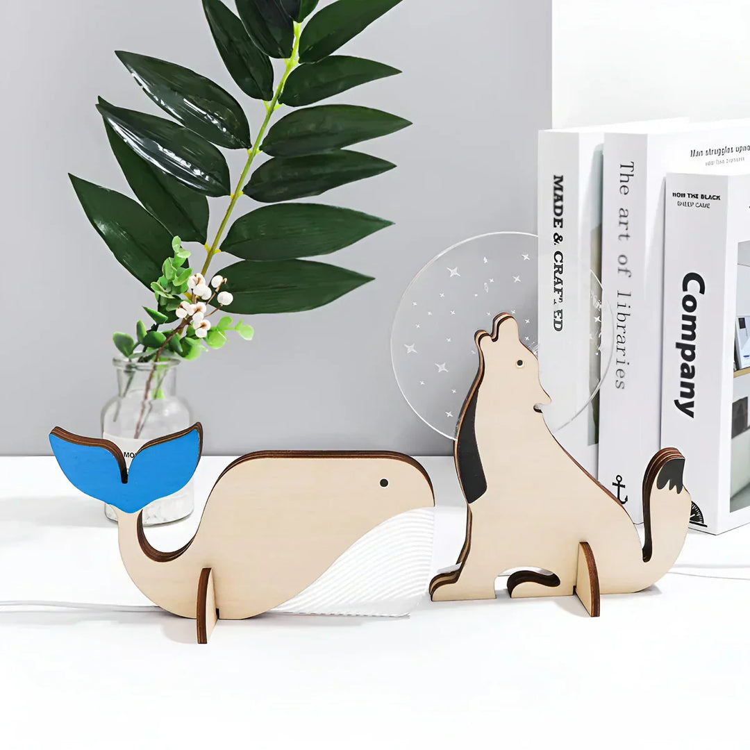 Touch activated LED night light, wooden animal lamp, soft glow for kids.
