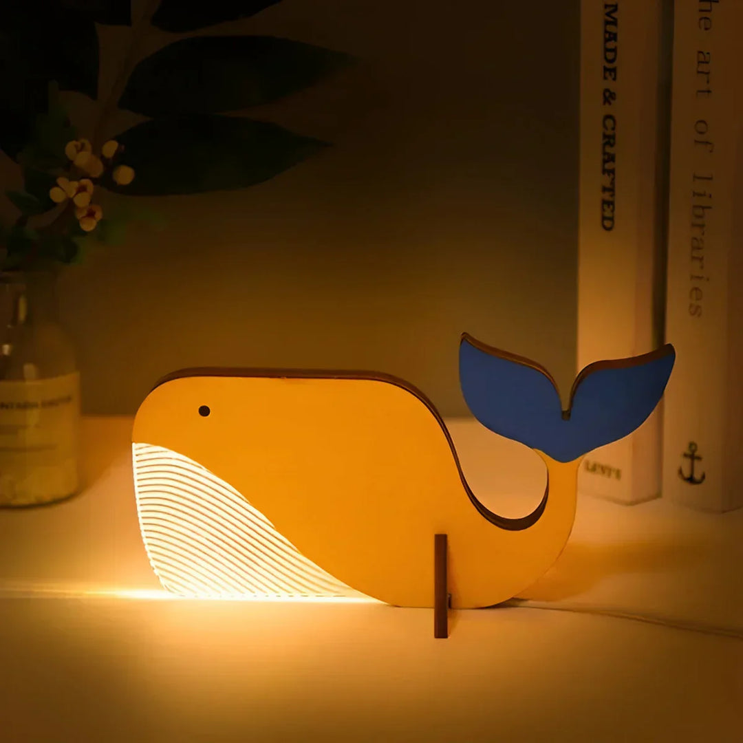 Magical wooden giraffe table lamp, jungle themed decor for a child's bedroom.