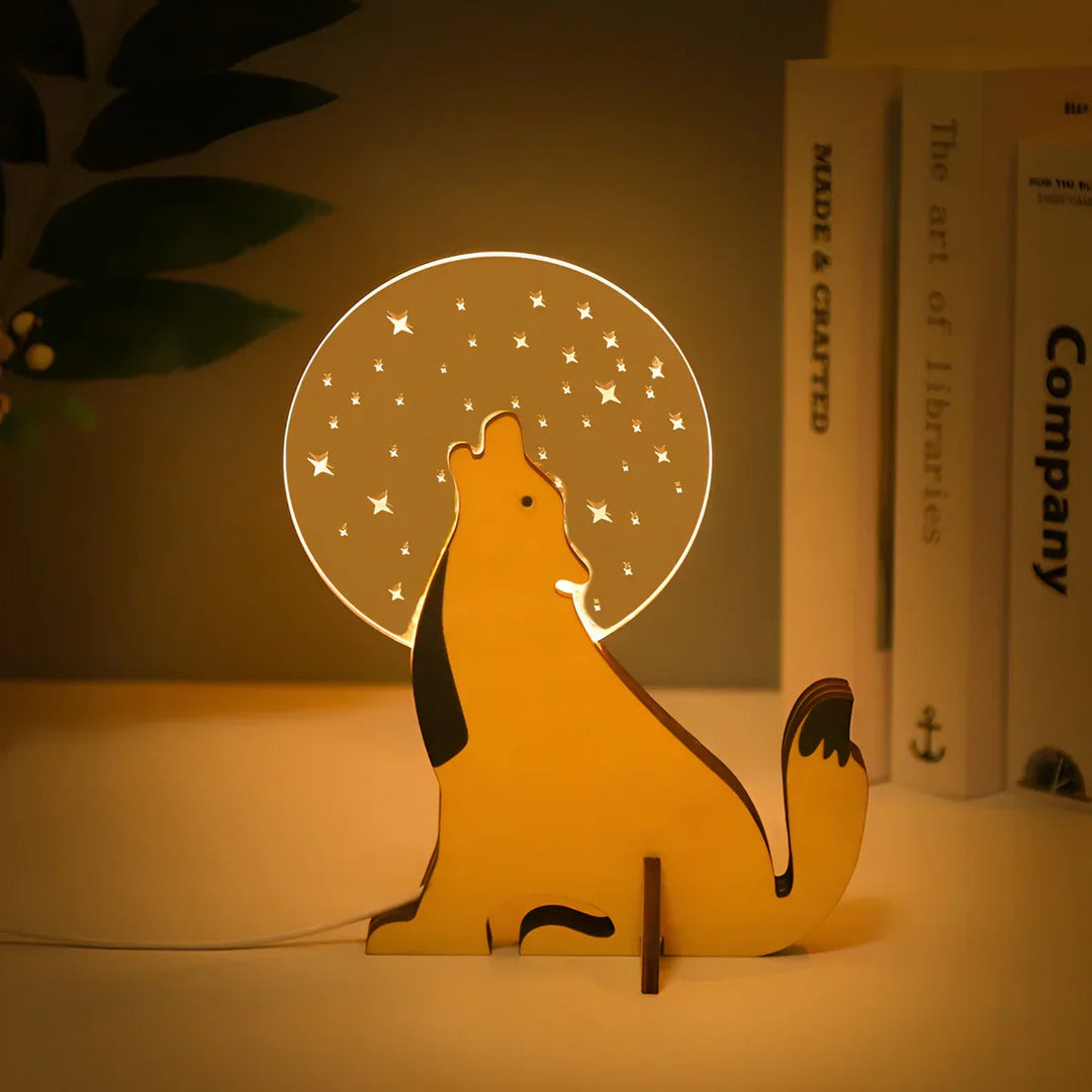 Whimsical wooden lion table lamp, jungle themed kids night light.