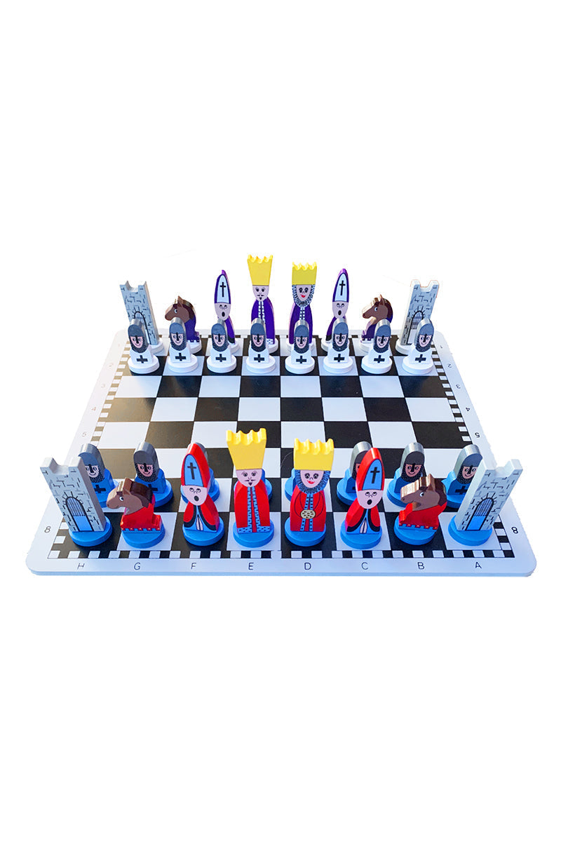 Kids' wooden chess set with classic pieces on a chessboard, perfect for learning strategy & brain development.