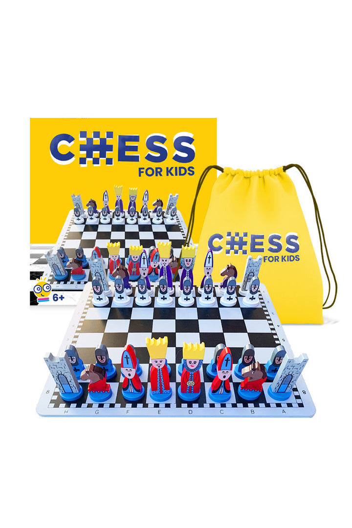Close-up of finely crafted wooden chess pieces, king, queen, pawn, on a durable wooden board for kids' brain games.