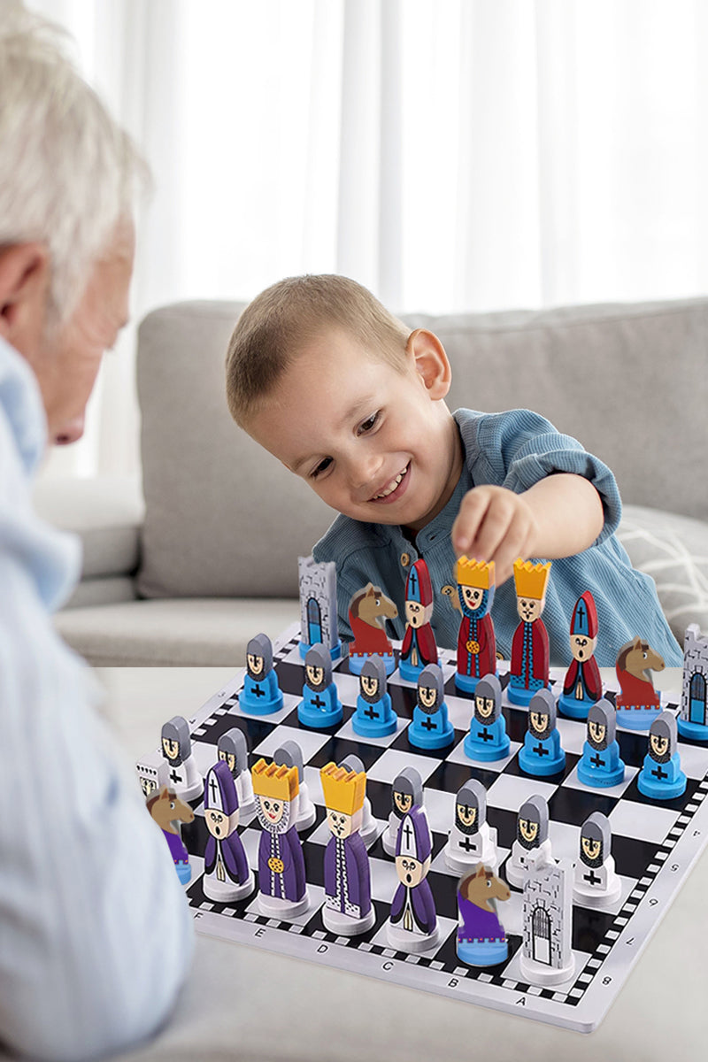 Complete kids' wooden chess set displayed, ready for engaging strategy games, a fun learning toy for the whole family.