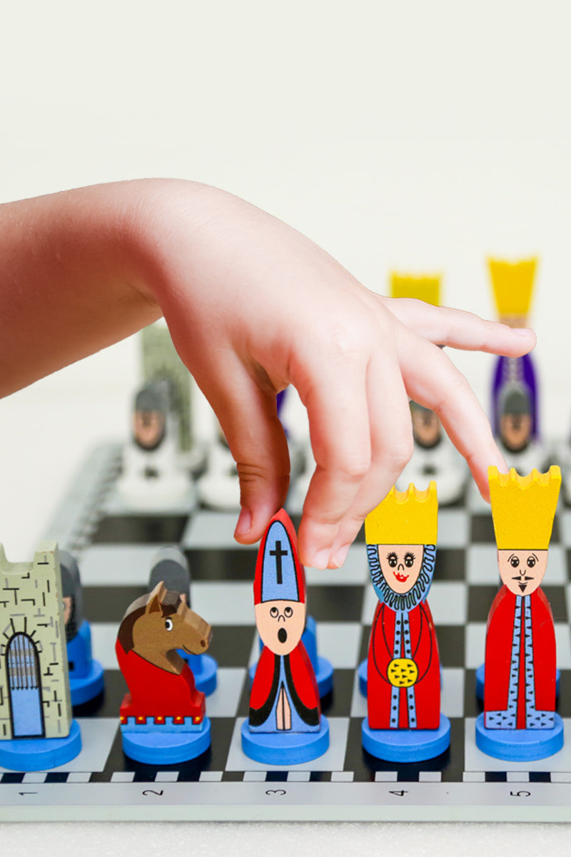 Educational wooden chess set for kids, designed as a puzzle & strategy game to develop young minds & critical thinking.