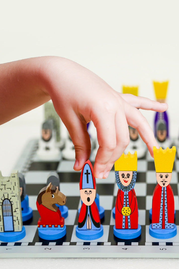 Educational wooden chess set for kids, designed as a puzzle & strategy game to develop young minds & critical thinking.