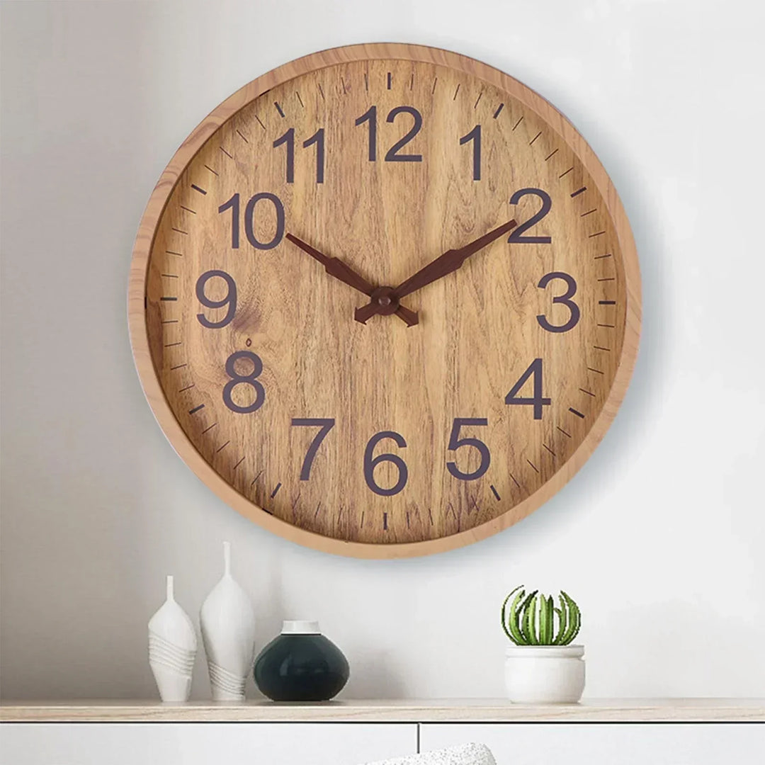 Stylish natural wooden wall clock, silent, perfect for modern rustic home, office or living room decor. Timeless design.