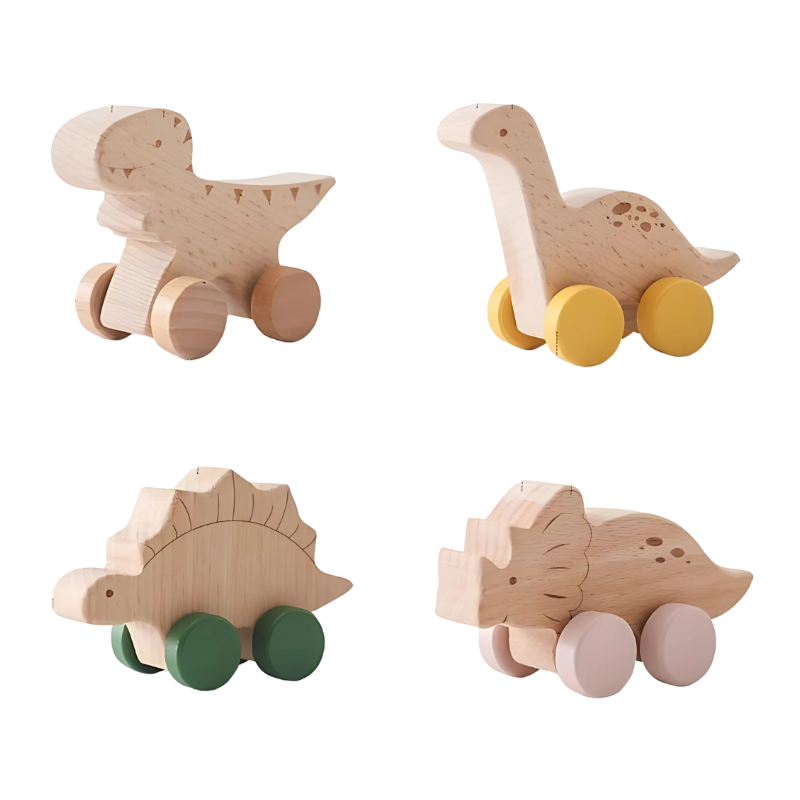 4-pack wooden dinosaur roller cars for kids. Colorful, sturdy preschool toys that boost motor skills & imaginative play.
