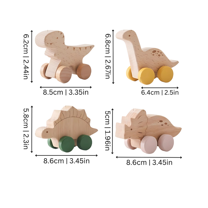 Toddler gift: 4-pack wooden dinosaur roller car set. Fun, educational toys for kids, improving motor skills & creativity.