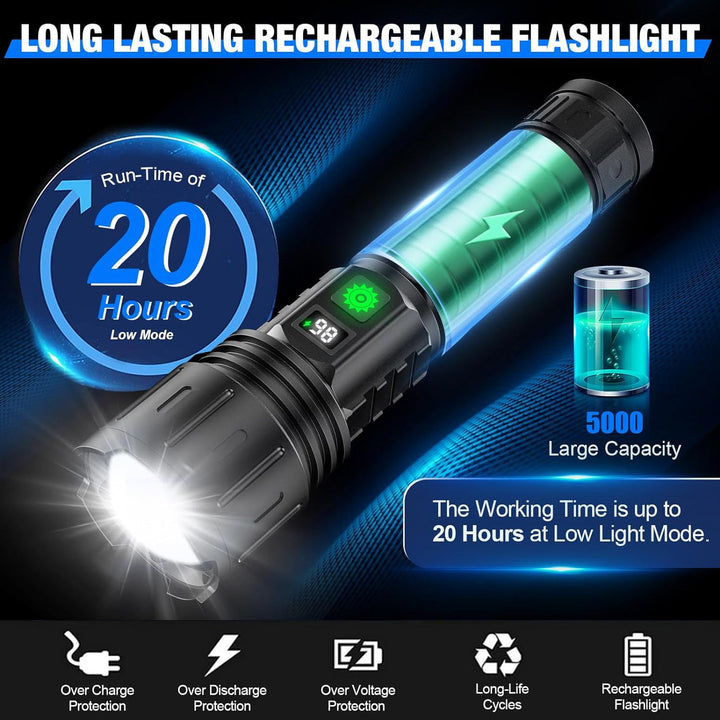 100,000 Lumen high-power LED flashlight for outdoor adventures & emergencies. Rechargeable tactical torch.