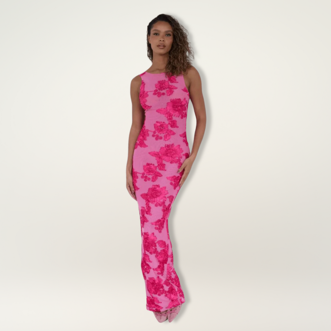 Elegant women's floral maxi dress with a sleeveless design, ideal for spring events, parties, or a chic vacation look.