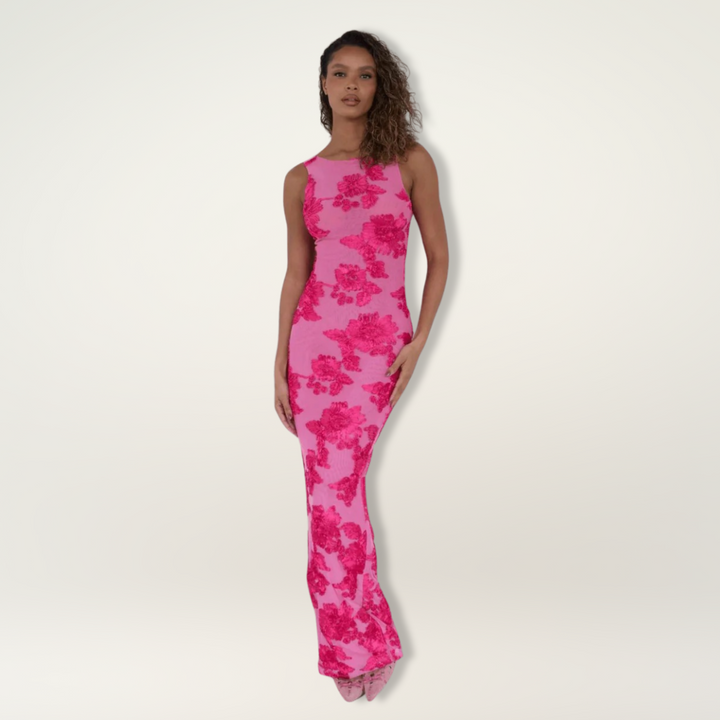 Elegant women's floral maxi dress with a sleeveless design, ideal for spring events, parties, or a chic vacation look.