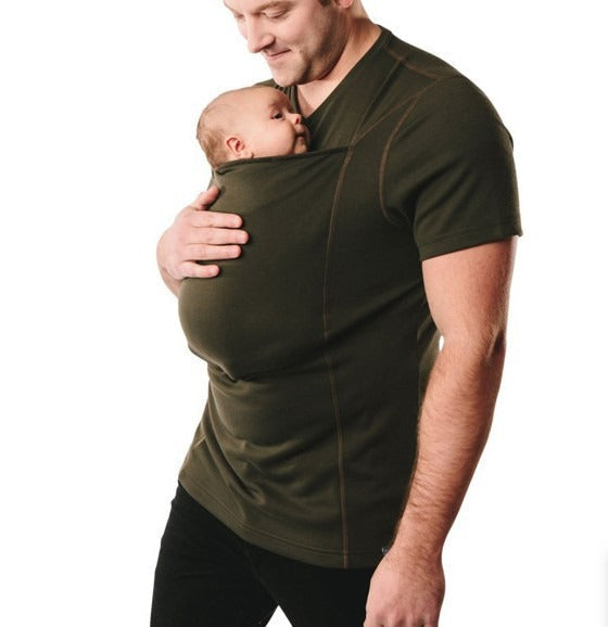 Modern babywearing top, a comfortable and versatile T-shirt for parents to carry infants effortlessly. Parenting gear.