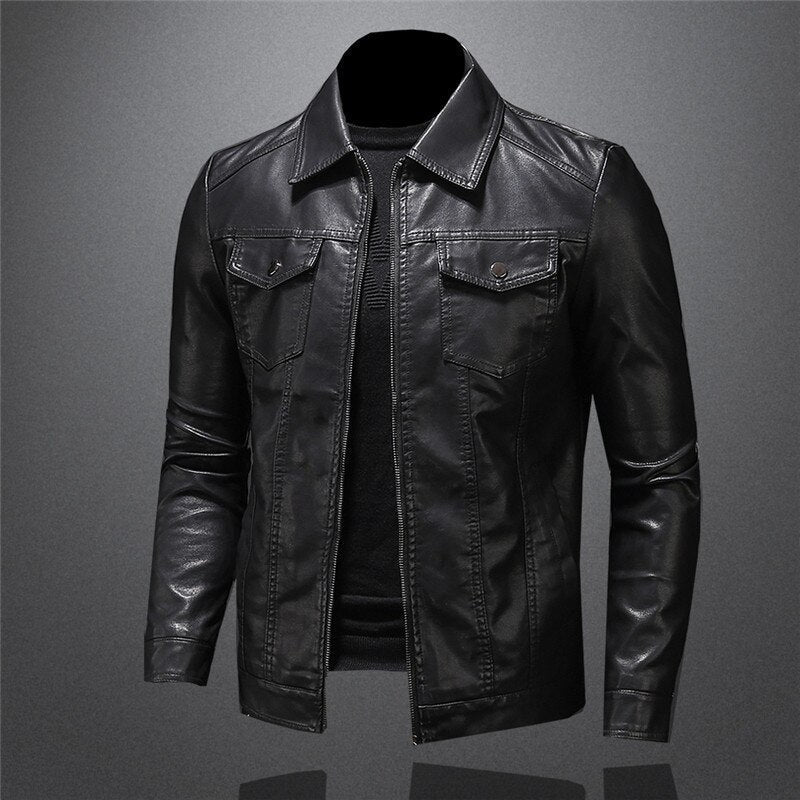 Classic black men's motorcycle jacket, offering a sleek, tailored fit for a confident and iconic outerwear look.