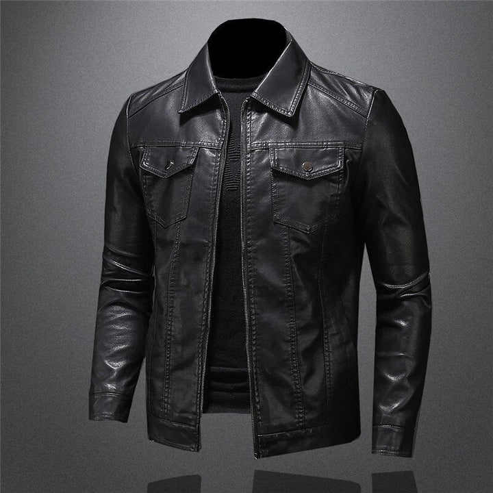 Classic black men's motorcycle jacket, offering a sleek, tailored fit for a confident and iconic outerwear look.