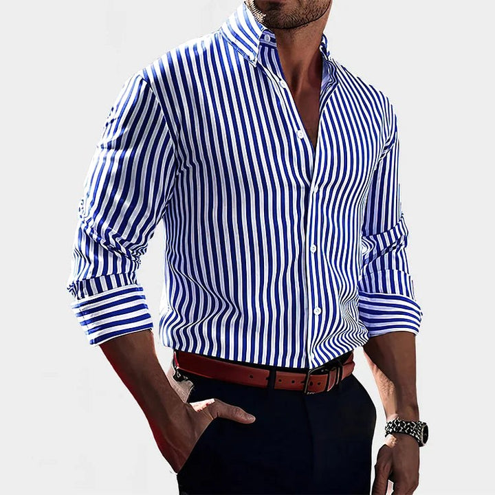 Men's classic striped button-down shirt. Long-sleeve for versatile everyday wear, ideal for formal or casual outfits.