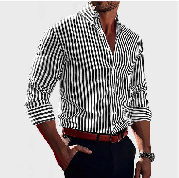 Stylish men's long-sleeve striped dress shirt. A modern classic button-down, perfect for workwear or casual style.