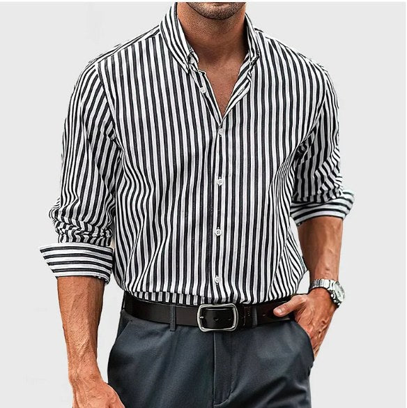 Men's long-sleeve striped button-down shirt. A versatile classic, ideal for office workwear or smart casual occasions.