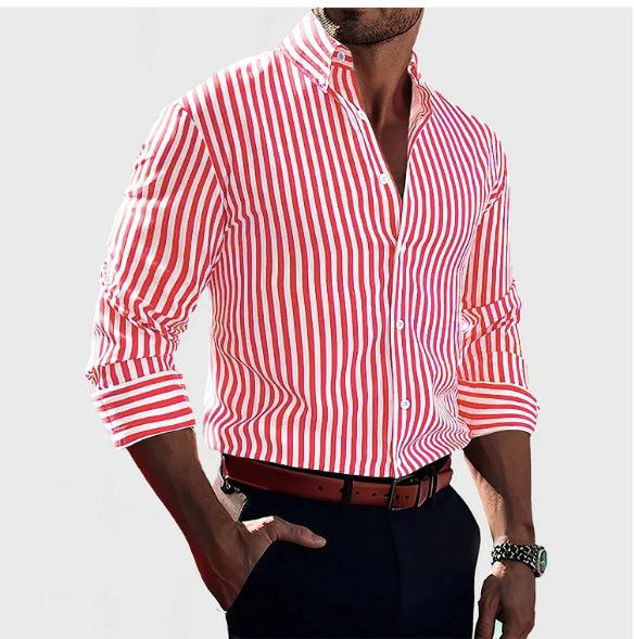 Modern men's striped button-down shirt. Classic long-sleeve style for versatile everyday wear, from casual to work.