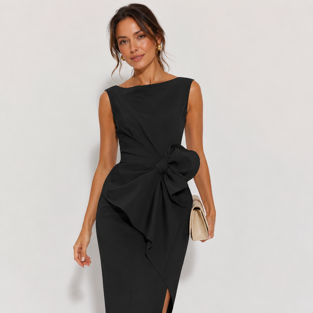 Women's elegant midi sheath dress with delicate bow detail, perfect for cocktail parties & office wear.