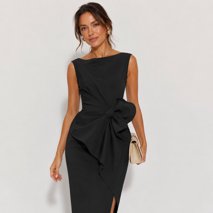 Women's elegant midi sheath dress with delicate bow detail, perfect for cocktail parties & office wear.
