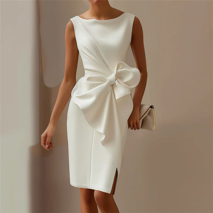 Professional women's elegant midi sheath dress, bow detail, ideal for business and formal wear.