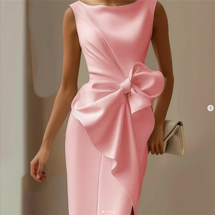 Timeless women's elegant midi sheath dress, sleeveless, with a chic bow accent for formal events.