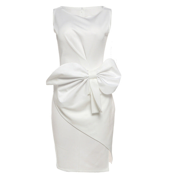 Women's versatile midi sheath dress, featuring a sophisticated bow detail, suitable for cocktail wear.