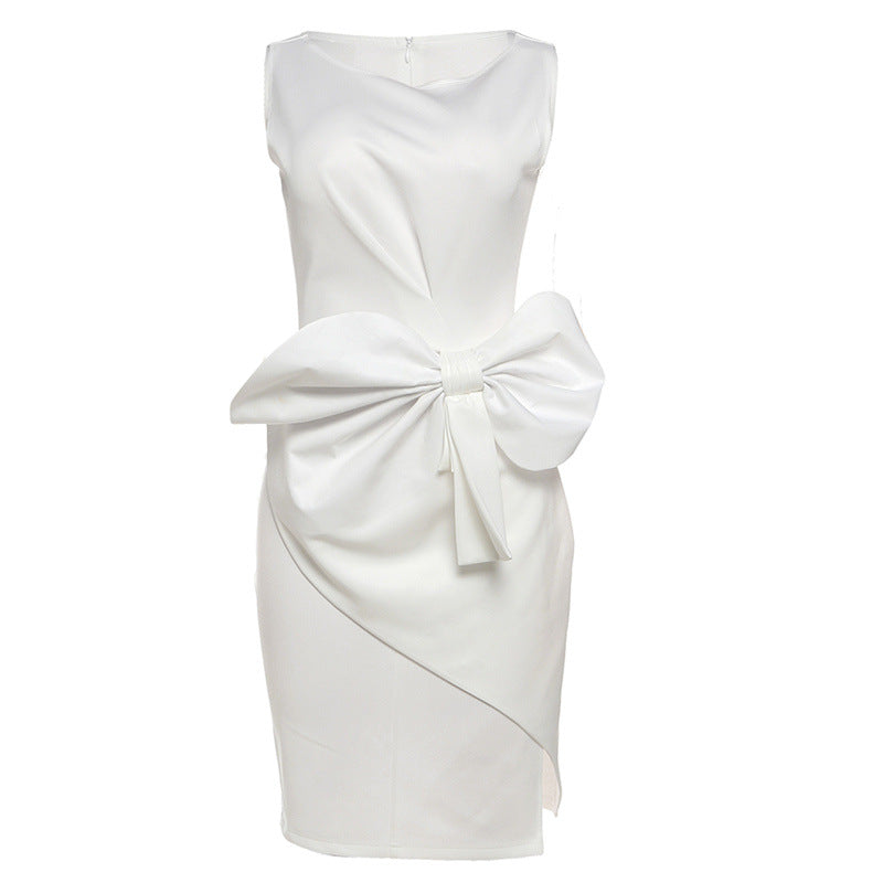 Graceful women's sleeveless midi sheath dress with an elegant bow, perfect for formal occasions.
