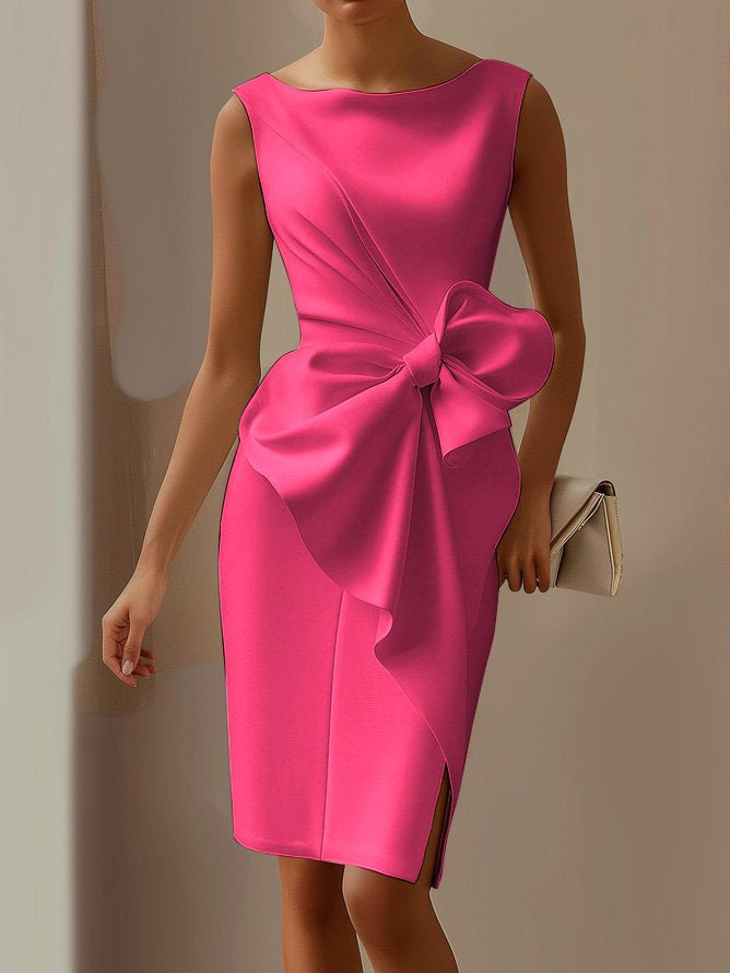 Modern women's elegant midi sheath dress, bow detail at the neckline, ideal for office or party.