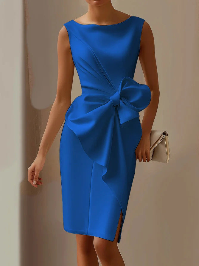 Women's sophisticated midi sheath dress, sleeveless, with a subtle yet elegant bow, versatile style.
