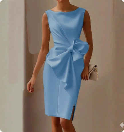 Classic women's elegant midi sheath dress, sleeveless, with a beautiful bow accent, event ready.