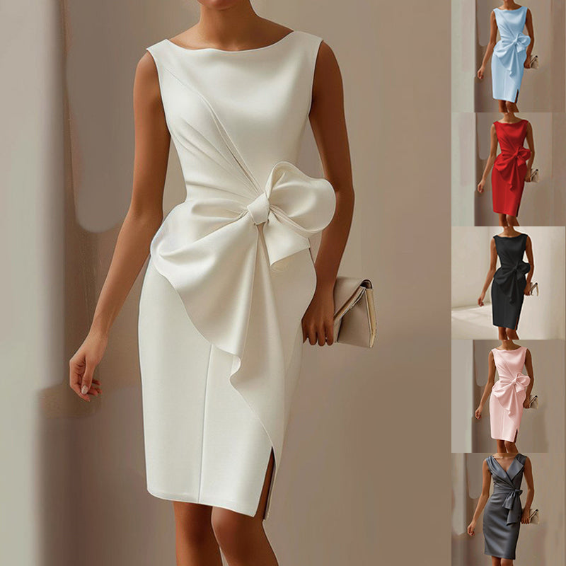 Sophisticated sleeveless midi sheath dress for women, featuring a stylish bow accent, ideal for events.