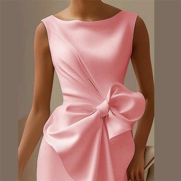 Formal women's sheath dress, midi length, with an elegant bow, perfect for professional office wear.