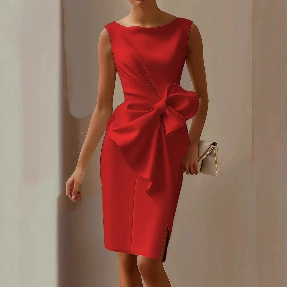 Versatile elegant women's midi dress, sheath silhouette, prominent bow detail, suitable for races.