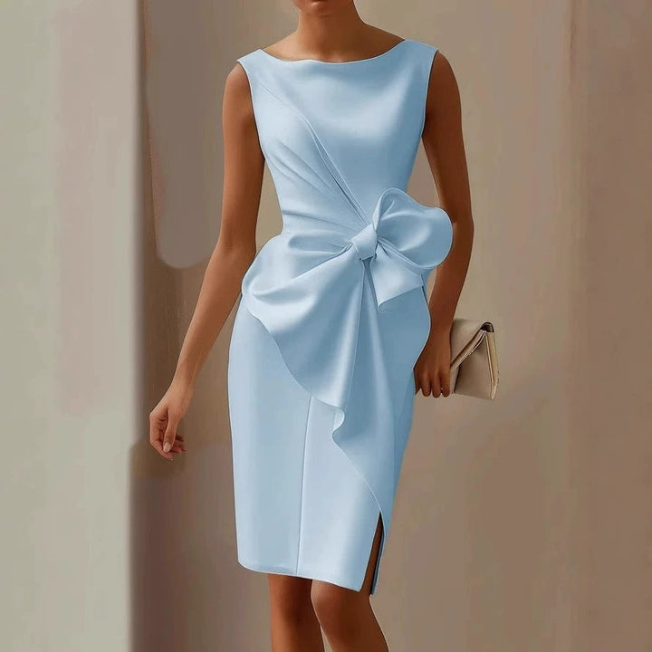 Professional women's formal office wear midi sheath dress with a sophisticated bow detail.