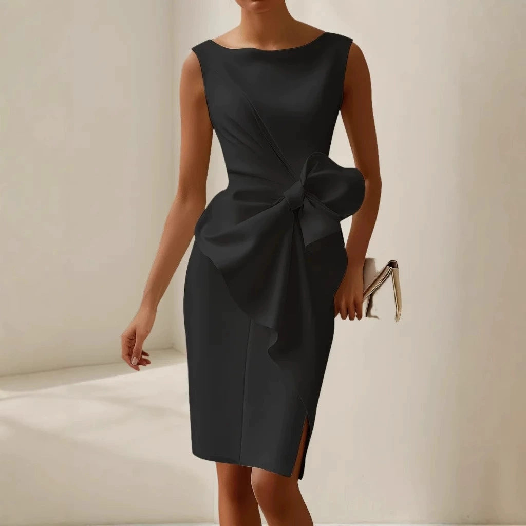 Women's sophisticated party dress: elegant midi sheath, sleeveless design, exquisite bow detail.