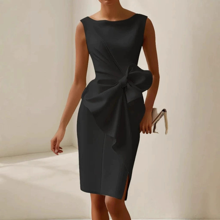 Women's sophisticated party dress: elegant midi sheath, sleeveless design, exquisite bow detail.