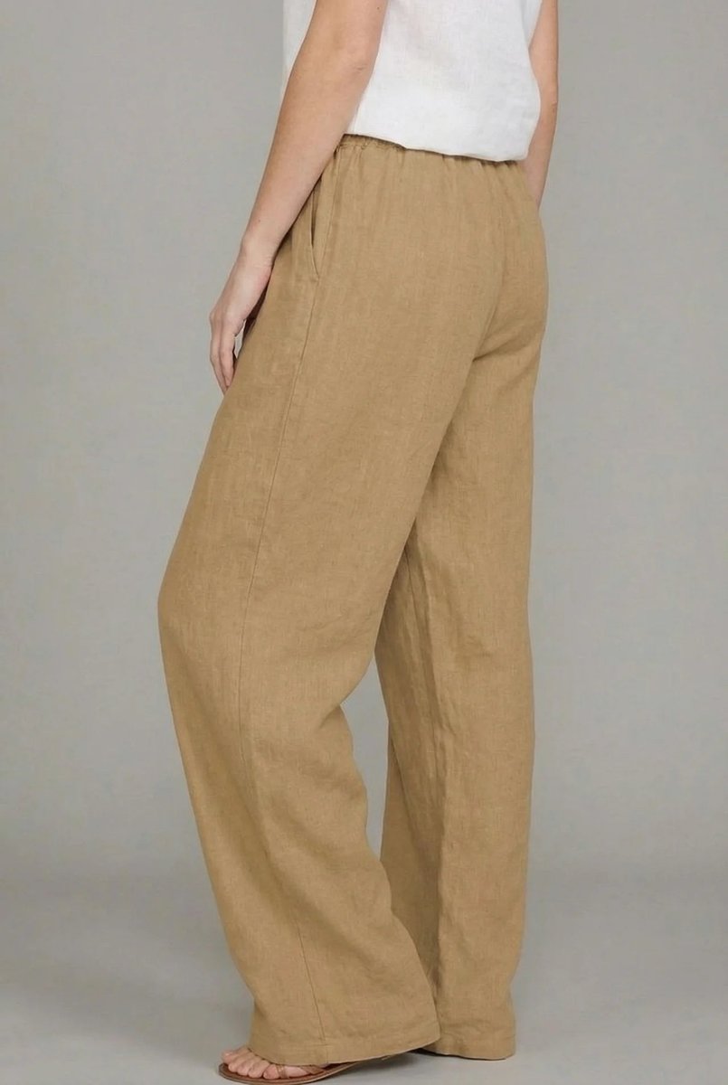 Comfortable women's relaxed fit linen wide leg pants with drawstring, ideal for effortless casual wear.
