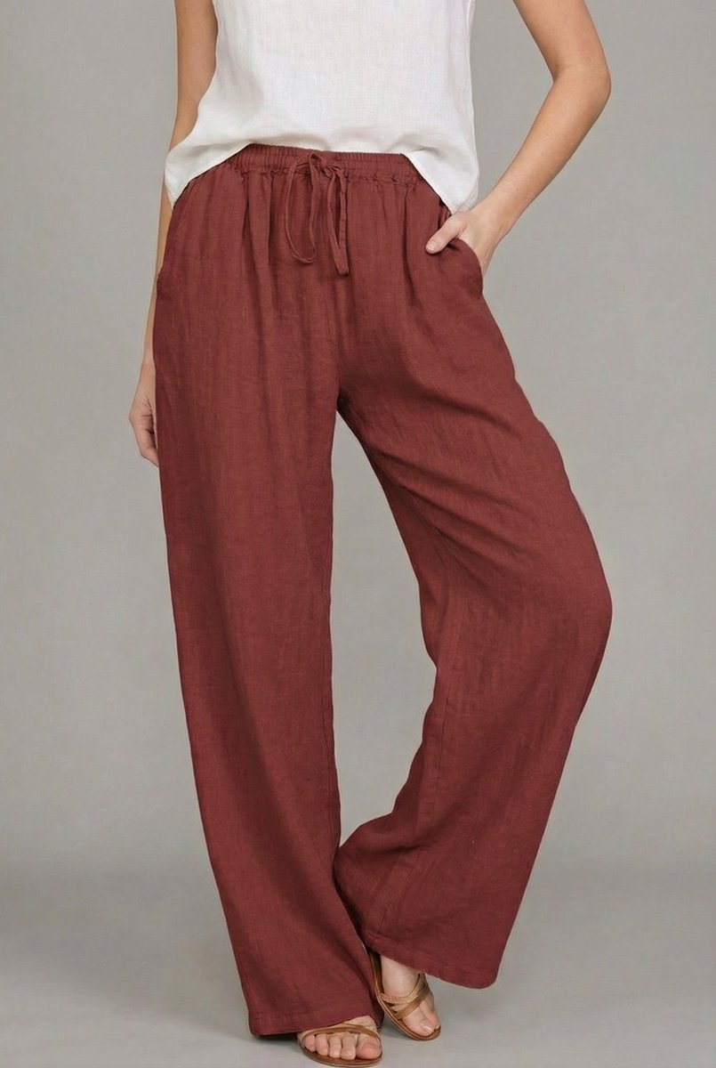 Versatile women's polished wide leg linen pants, drawstring waist, great for summer, vacation & everyday.