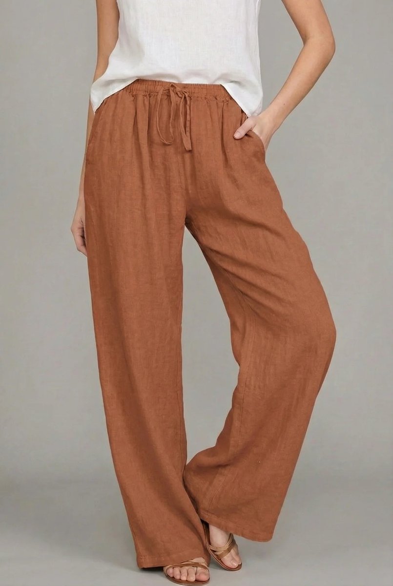 Drawstring wide leg linen pants for women, offering a polished look and comfortable relaxed fit for summer.